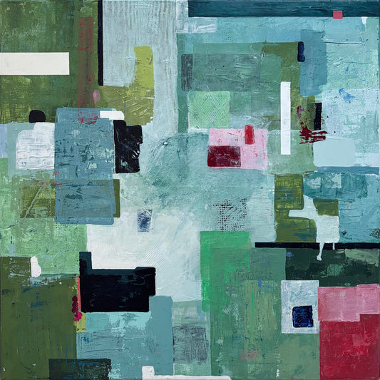 Contemporary modern original painting on canvas with architectural shapes in blue, pink and green. Abstract expressive expressionist painting inviting contemplation and conversations starter statement art.