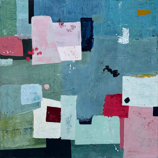 Contemporary modern original painting on canvas with architectural shapes in blue, pink and green. Abstract expressive expressionist painting inviting contemplation and conversations starter statement art. Julika Pettigrew abstract artist London.