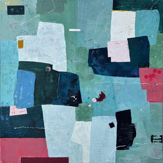 Contemporary modern original painting on canvas with architectural shapes in blue, pink and green. Abstract expressive expressionist painting inviting contemplation and conversations starter statement art. Julika Pettigrew abstract artist London.
