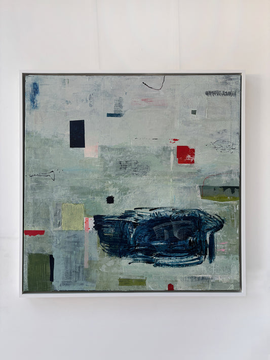 Contemporary modern original painting on canvas with architectural shapes in blue, red and green. Abstract expressive expressionist painting inviting contemplation and conversations starter statement art. Julika Pettigrew abstract artist London.