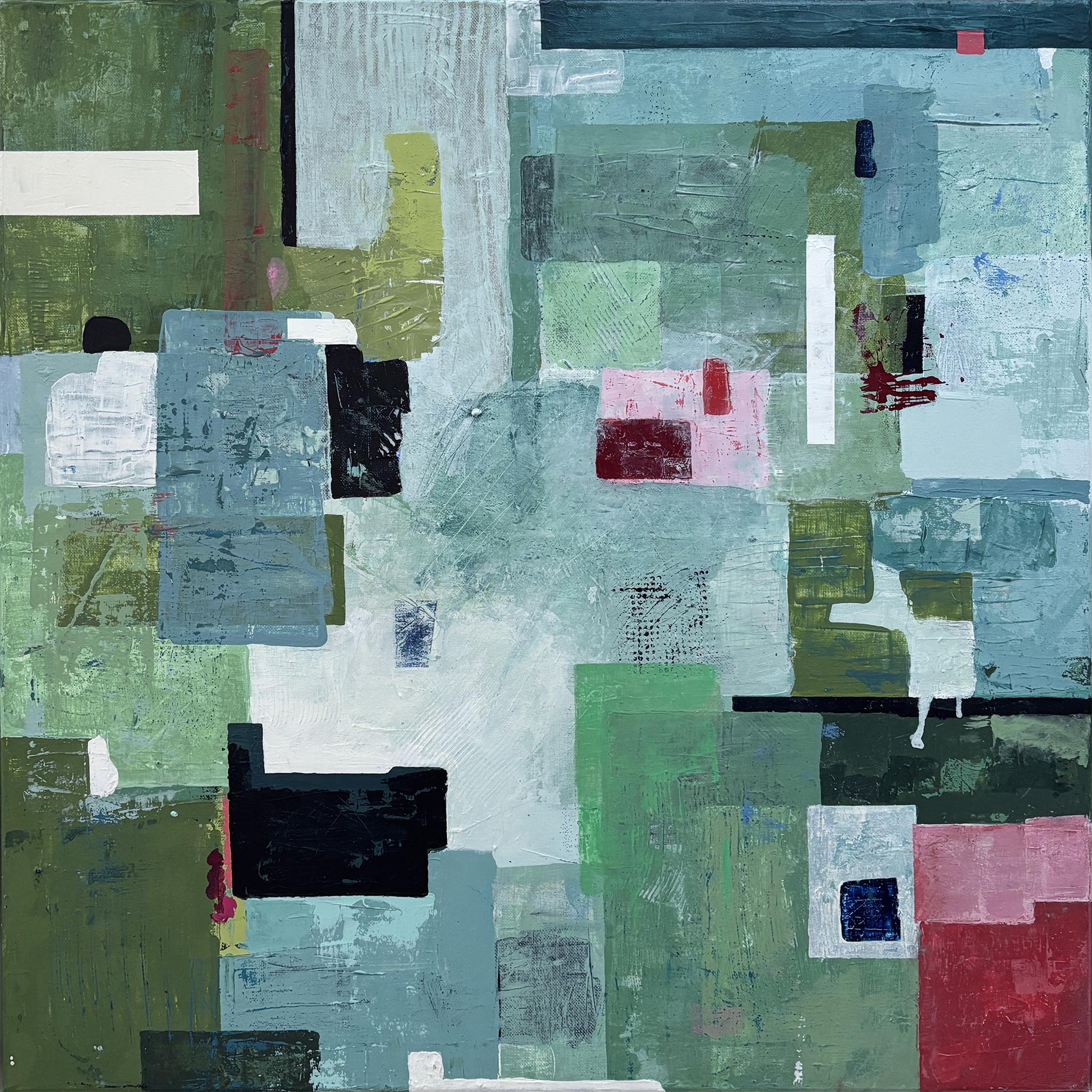 Contemporary modern original painting on canvas with architectural shapes in blue, pink and green. Abstract expressive expressionist painting inviting contemplation and conversations starter statement art.